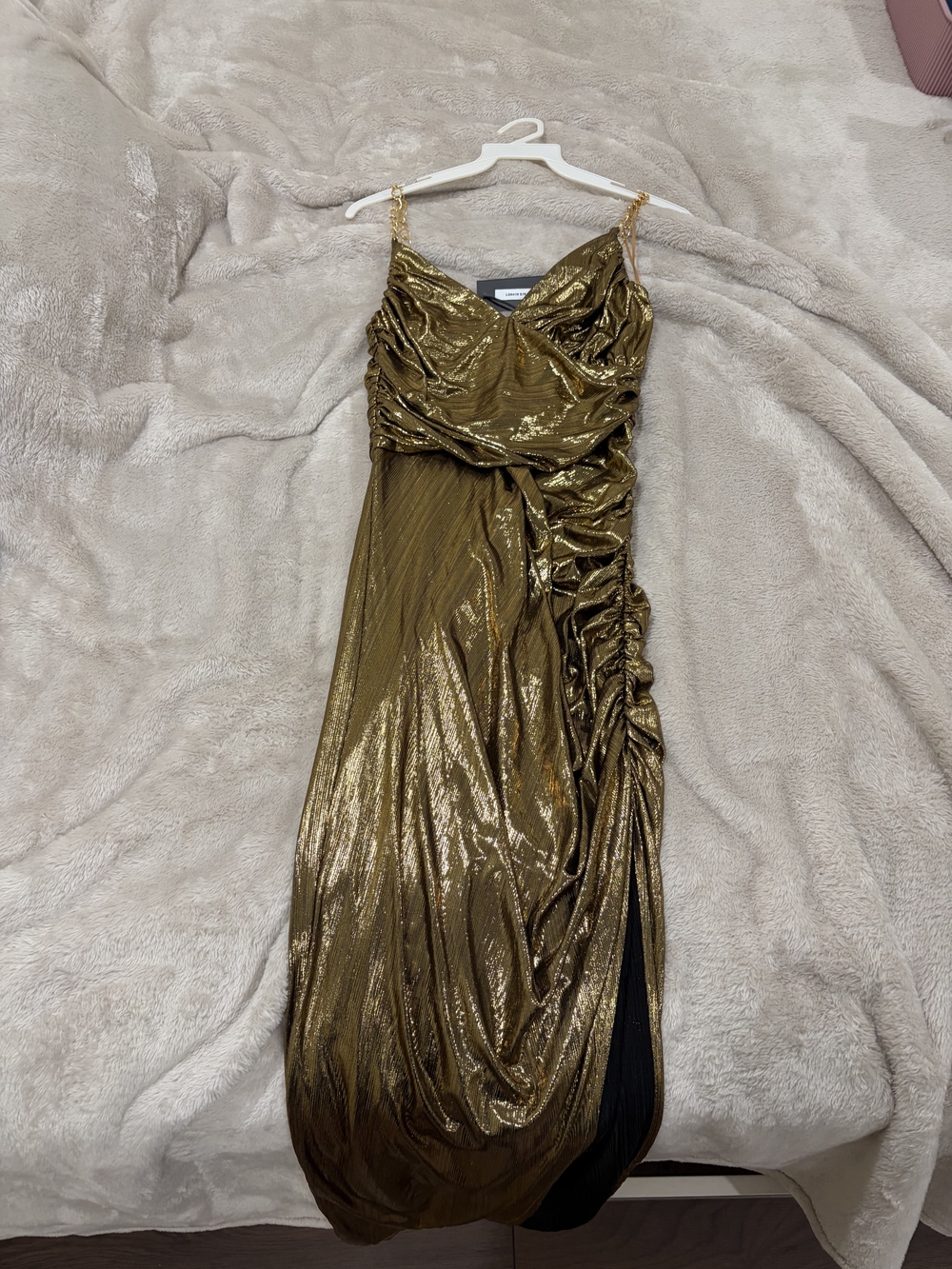 Gold Metallic Ruched Maxi Dress with Chain Straps